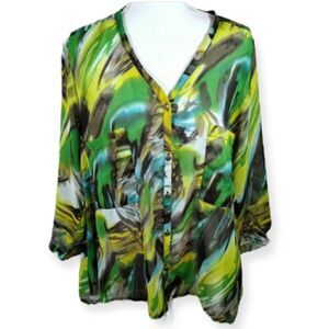 KAKTUS GREEN, YELLOW, & BLACK SHEER BLOUSE SZ.S EUC